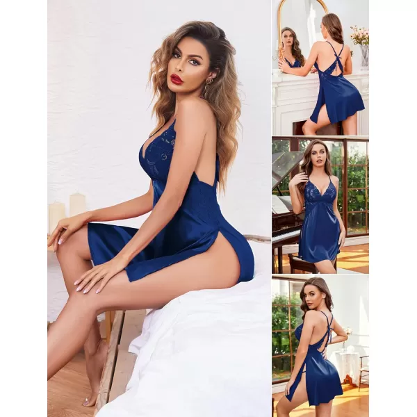 Avidlove Lingerie For Women Satin Nightgown Lace Babydoll Silk Sleepwear Mini Nightdress Side SlitNavy Blue