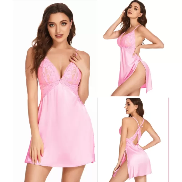 Avidlove Lingerie For Women Satin Nightgown Lace Babydoll Silk Sleepwear Mini Nightdress Side SlitPink