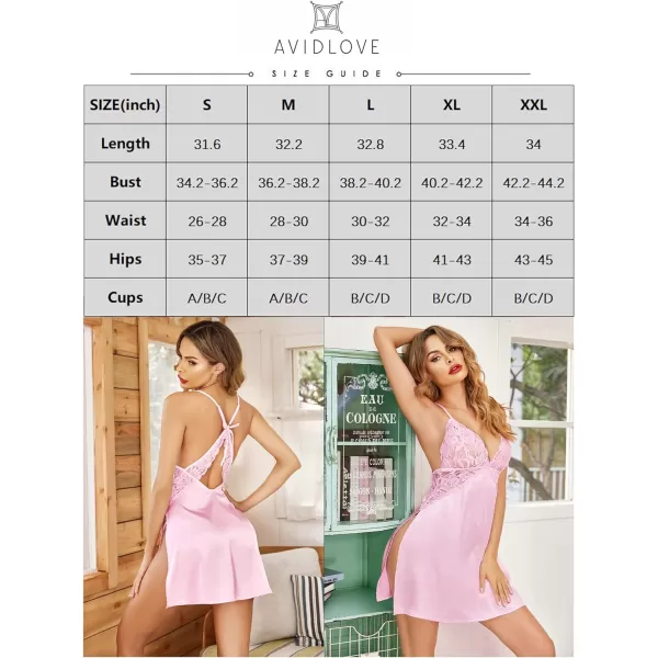 Avidlove Lingerie For Women Satin Nightgown Lace Babydoll Silk Sleepwear Mini Nightdress Side SlitPink