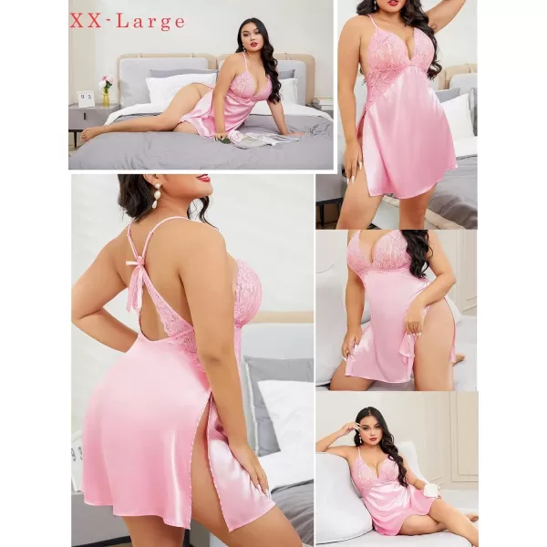 Avidlove Lingerie For Women Satin Nightgown Lace Babydoll Silk Sleepwear Mini Nightdress Side SlitPink