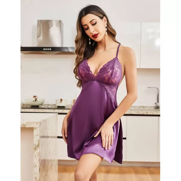 Avidlove Lingerie For Women Satin Nightgown Lace Babydoll Silk Sleepwear Mini Nightdress Side SlitPurple