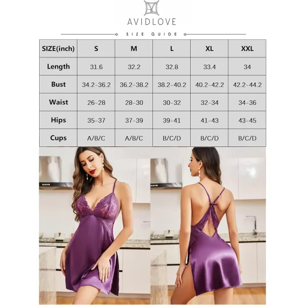 Avidlove Lingerie For Women Satin Nightgown Lace Babydoll Silk Sleepwear Mini Nightdress Side SlitPurple