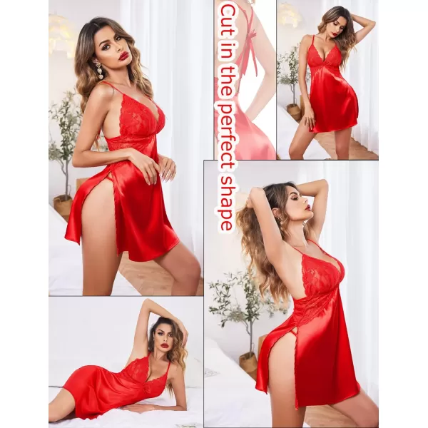 Avidlove Lingerie For Women Satin Nightgown Lace Babydoll Silk Sleepwear Mini Nightdress Side SlitRed