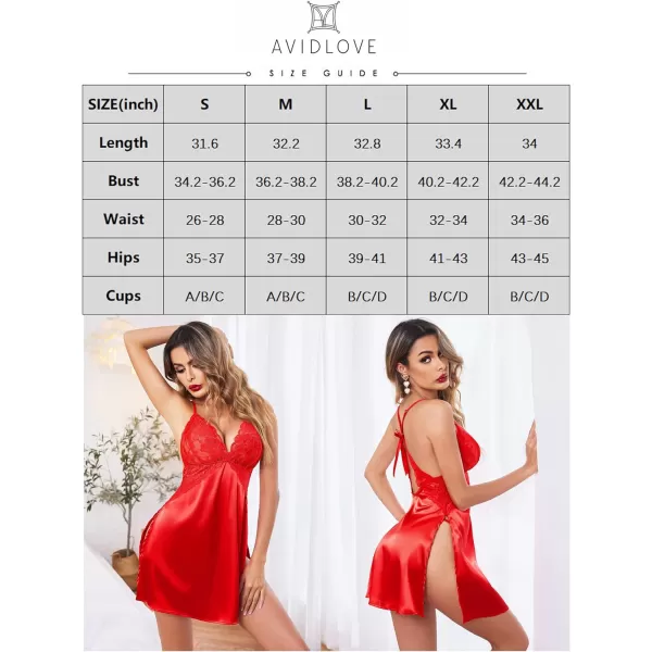 Avidlove Lingerie For Women Satin Nightgown Lace Babydoll Silk Sleepwear Mini Nightdress Side SlitRed