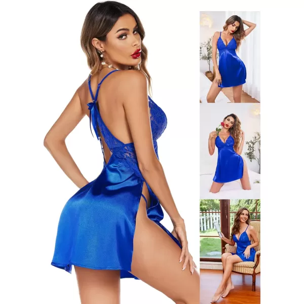 Avidlove Lingerie For Women Satin Nightgown Lace Babydoll Silk Sleepwear Mini Nightdress Side SlitRoyal Blue