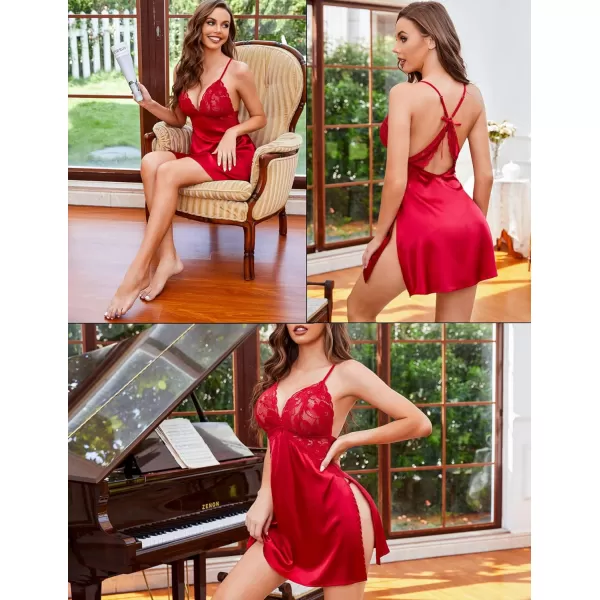 Avidlove Lingerie For Women Satin Nightgown Lace Babydoll Silk Sleepwear Mini Nightdress Side SlitWine Red