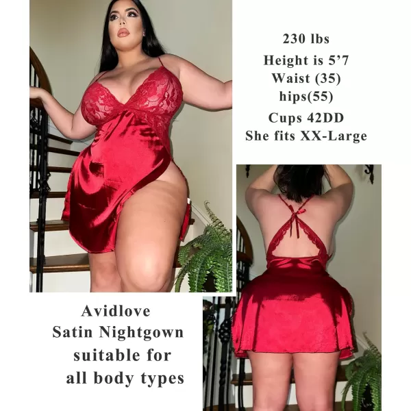 Avidlove Lingerie For Women Satin Nightgown Lace Babydoll Silk Sleepwear Mini Nightdress Side SlitWine Red