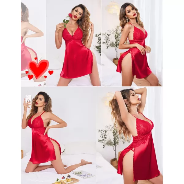 Avidlove Lingerie For Women Satin Nightgown Lace Babydoll Silk Sleepwear Mini Nightdress Side SlitWine Red