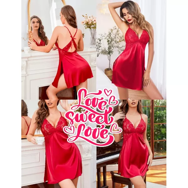 Avidlove Lingerie For Women Satin Nightgown Lace Babydoll Silk Sleepwear Mini Nightdress Side SlitWine Red