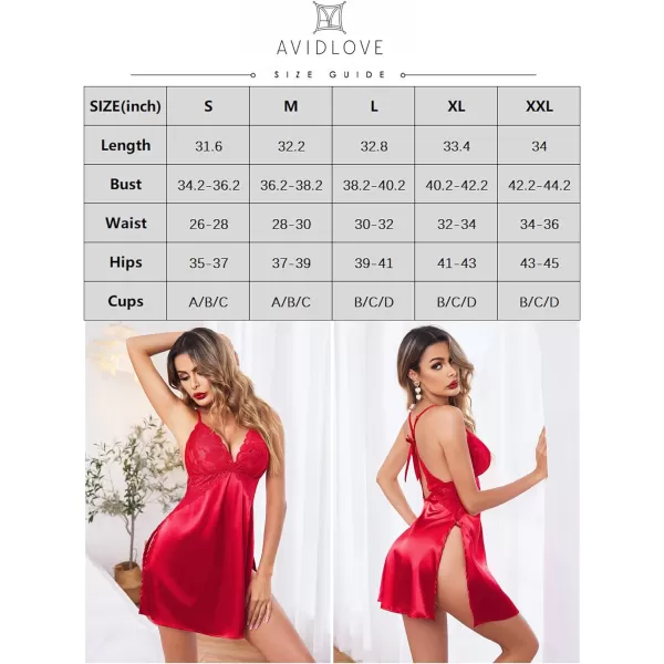 Avidlove Lingerie For Women Satin Nightgown Lace Babydoll Silk Sleepwear Mini Nightdress Side SlitWine Red