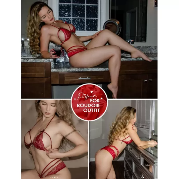 Avidlove Lingerie Lace Babydoll 2 Piece Sexy Bra and Panty SetsDark Red