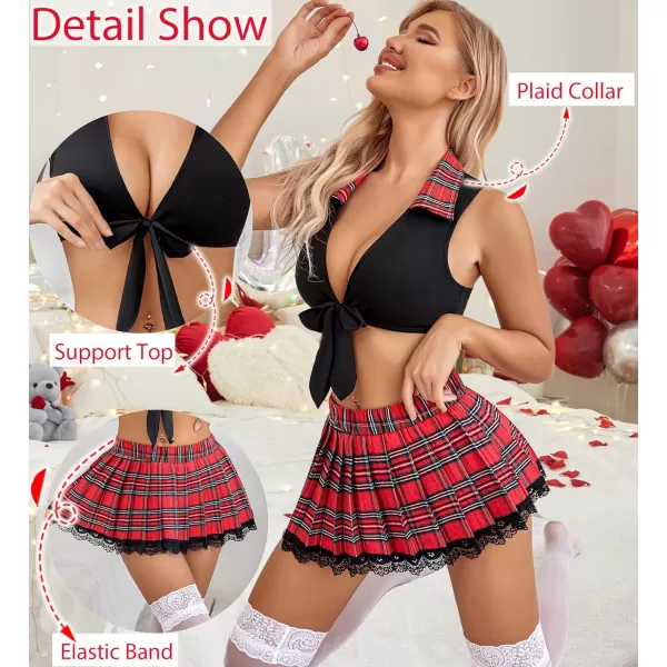 Avidlove Lingerie Set for Women Sexy Lace Two Piece Lingerie Outfits with Tie Top and Mini Pleated Skirt SetAblack