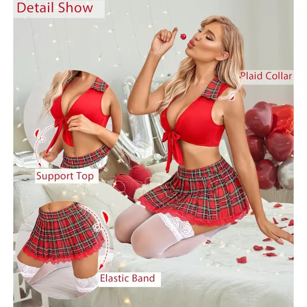 Avidlove Lingerie Set for Women Sexy Lace Two Piece Lingerie Outfits with Tie Top and Mini Pleated Skirt SetRed