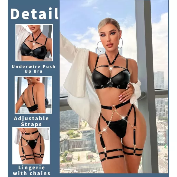 Avidlove Lingerie Set for Women Sexy Strappy 5 Piece Lingerie Garter with Underwire Push Up Bra and ChainBlack