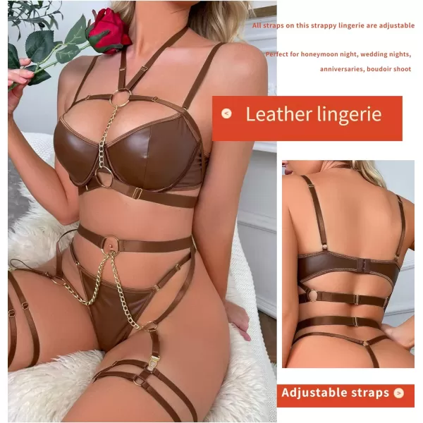 Avidlove Lingerie Set for Women Sexy Strappy 5 Piece Lingerie Garter with Underwire Push Up Bra and ChainCoffee Brown