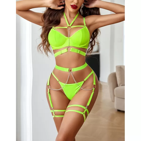 Avidlove Lingerie Set for Women Sexy Strappy 5 Piece Lingerie Garter with Underwire Push Up Bra and ChainNeon Green