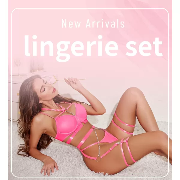 Avidlove Lingerie Set for Women Sexy Strappy 5 Piece Lingerie Garter with Underwire Push Up Bra and ChainPink