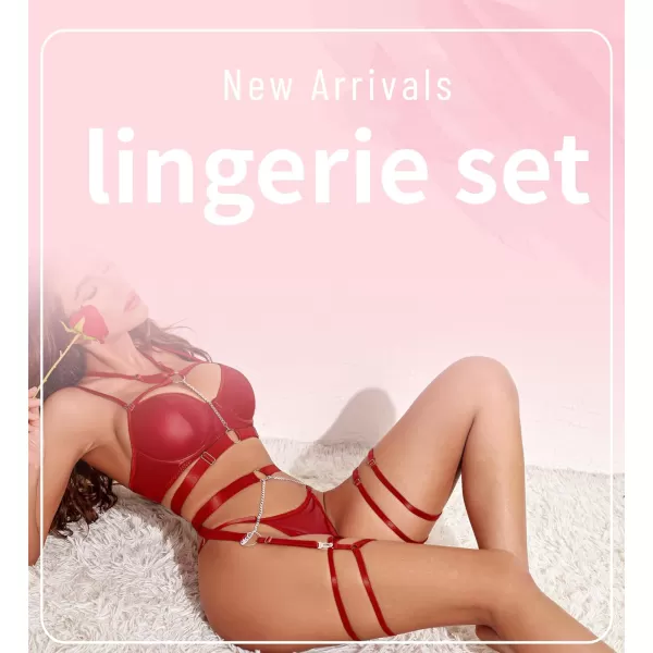 Avidlove Lingerie Set for Women Sexy Strappy 5 Piece Lingerie Garter with Underwire Push Up Bra and ChainWine Red