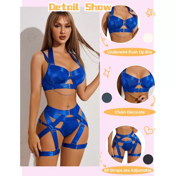 Avidlove Lingerie Set for Women Sexy Strappy Lingerie Underwire Push Up Bra Garter Set Lingerie with ChainBlue