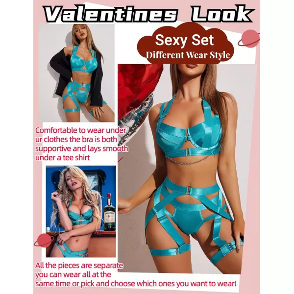 Avidlove Lingerie Set for Women Sexy Strappy Lingerie Underwire Push Up Bra Garter Set Lingerie with ChainPeacock Blue