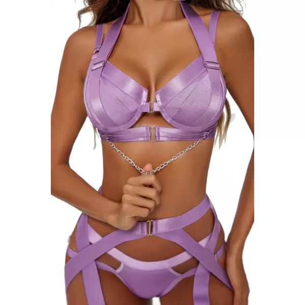 Avidlove Lingerie Set for Women Sexy Strappy Lingerie Underwire Push Up Bra Garter Set Lingerie with ChainPurple