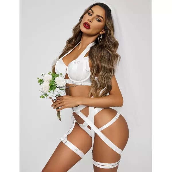 Avidlove Lingerie Set for Women Sexy Strappy Lingerie Underwire Push Up Bra Garter Set Lingerie with ChainWhite