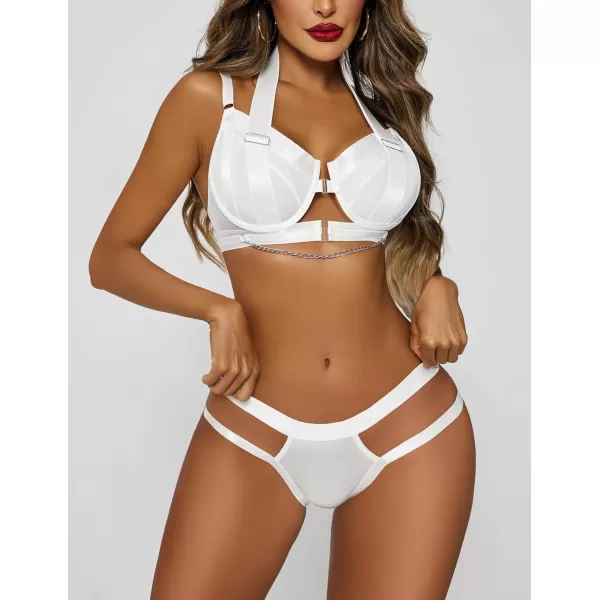 Avidlove Lingerie Set for Women Sexy Strappy Lingerie Underwire Push Up Bra Garter Set Lingerie with ChainWhite