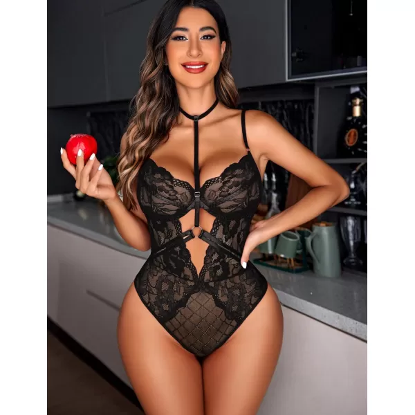 Avidlove Lingerie for Women Floral Lace Snap Crotch Teddy Bodysuit One Piece Teddies BabydollBlack