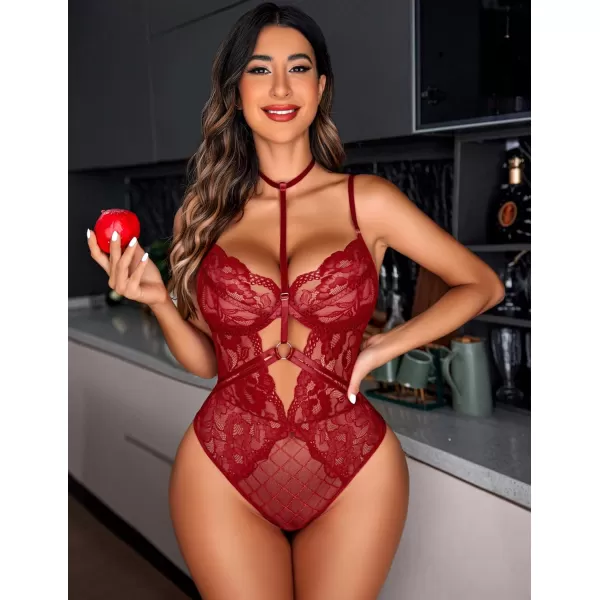 Avidlove Lingerie for Women Floral Lace Snap Crotch Teddy Bodysuit One Piece Teddies BabydollBwine Red