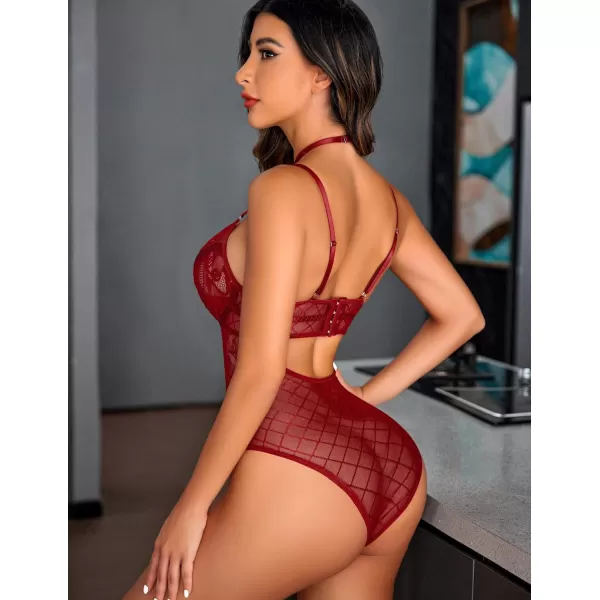 Avidlove Lingerie for Women Floral Lace Snap Crotch Teddy Bodysuit One Piece Teddies BabydollBwine Red