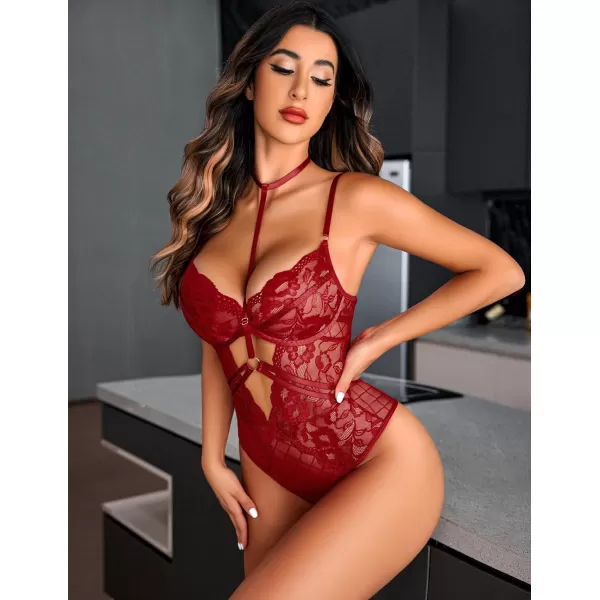 Avidlove Lingerie for Women Floral Lace Snap Crotch Teddy Bodysuit One Piece Teddies BabydollBwine Red