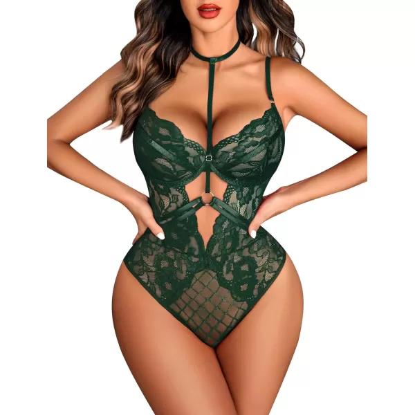 Avidlove Lingerie for Women Floral Lace Snap Crotch Teddy Bodysuit One Piece Teddies BabydollDark Green