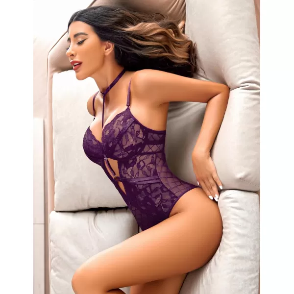 Avidlove Lingerie for Women Floral Lace Snap Crotch Teddy Bodysuit One Piece Teddies BabydollPurple