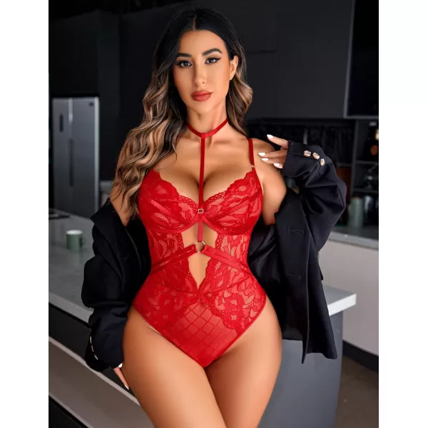 Avidlove Lingerie for Women Floral Lace Snap Crotch Teddy Bodysuit One Piece Teddies BabydollTrue Red