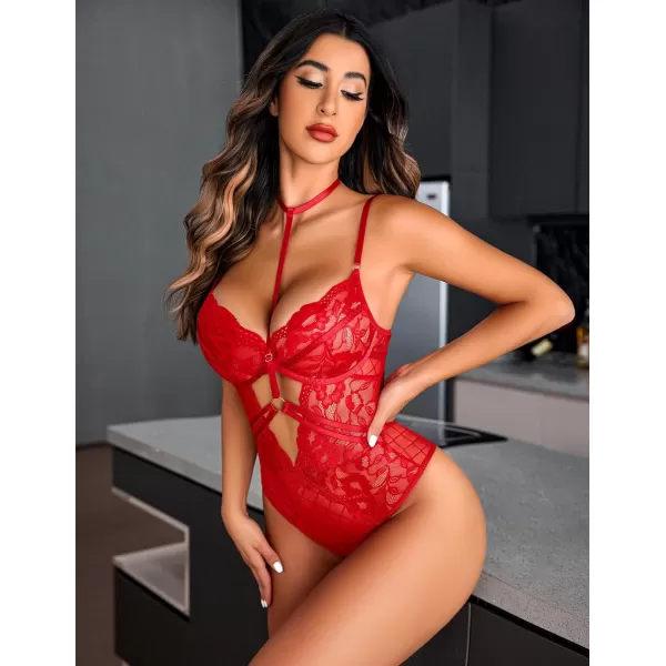 Avidlove Lingerie for Women Floral Lace Snap Crotch Teddy Bodysuit One Piece Teddies BabydollTrue Red