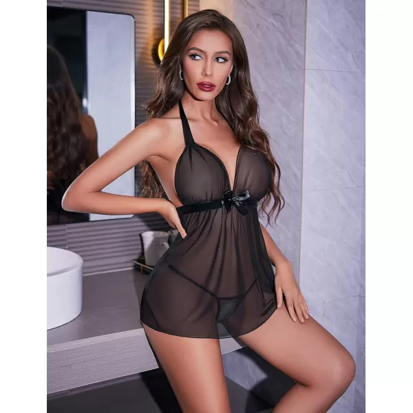 Avidlove Lingerie for Women Lace Babydoll Chemise Negligees Sexy Exotic Nightgowns Halter Nighties Sheer Mesh NightwearBlack