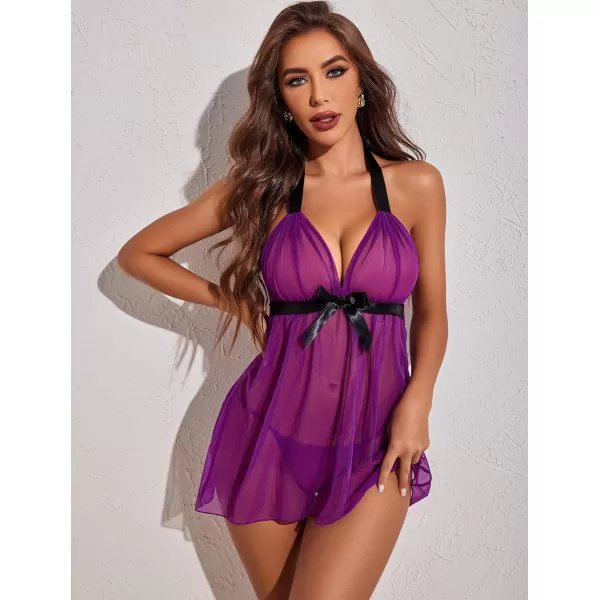 Avidlove Lingerie for Women Lace Babydoll Chemise Negligees Sexy Exotic Nightgowns Halter Nighties Sheer Mesh NightwearPurple