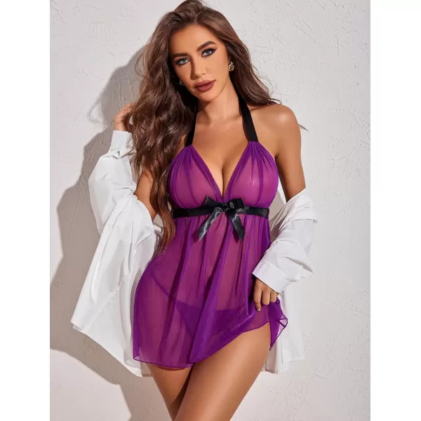 Avidlove Lingerie for Women Lace Babydoll Chemise Negligees Sexy Exotic Nightgowns Halter Nighties Sheer Mesh NightwearPurple