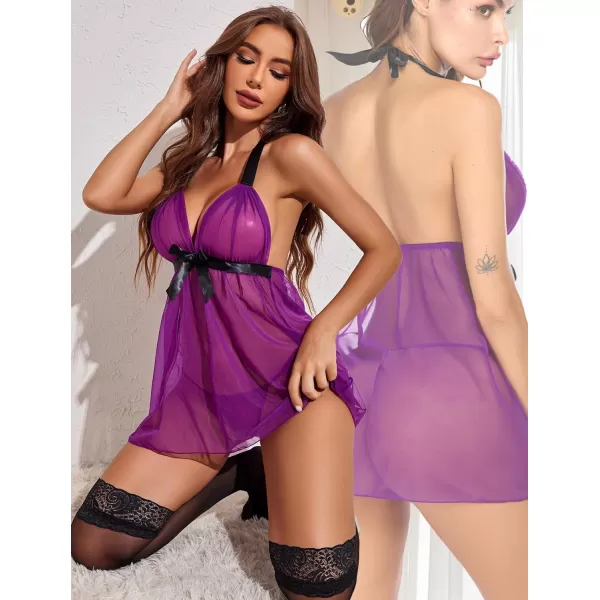 Avidlove Lingerie for Women Lace Babydoll Chemise Negligees Sexy Exotic Nightgowns Halter Nighties Sheer Mesh NightwearPurple