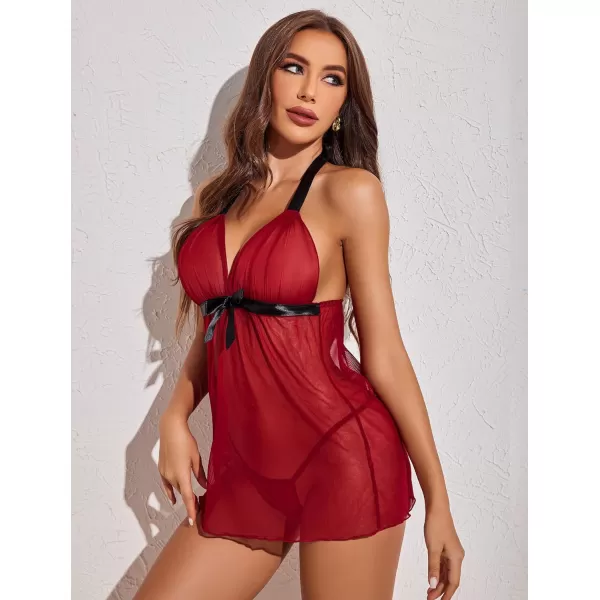 Avidlove Lingerie for Women Lace Babydoll Chemise Negligees Sexy Exotic Nightgowns Halter Nighties Sheer Mesh NightwearRed