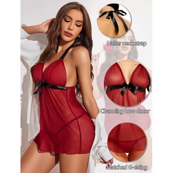 Avidlove Lingerie for Women Lace Babydoll Chemise Negligees Sexy Exotic Nightgowns Halter Nighties Sheer Mesh NightwearRed