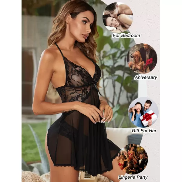 Avidlove Lingerie for Women Lace Babydoll Halter Chemise V Neck Nightgown Sexy Sleepwear NightdressBlack