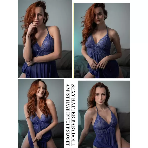 Avidlove Lingerie for Women Lace Babydoll Halter Chemise V Neck Nightgown Sexy Sleepwear NightdressNavy Blue