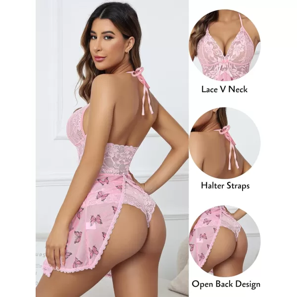 Avidlove Lingerie for Women Lace Babydoll Halter Chemise V Neck Nightgown Sexy Sleepwear NightdressPink Butterfly Print