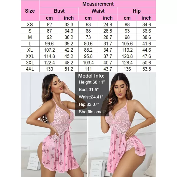 Avidlove Lingerie for Women Lace Babydoll Halter Chemise V Neck Nightgown Sexy Sleepwear NightdressPink Butterfly Print