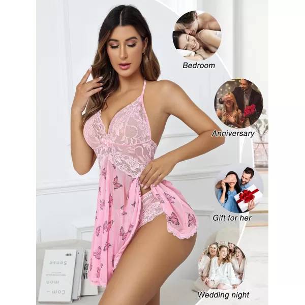 Avidlove Lingerie for Women Lace Babydoll Halter Chemise V Neck Nightgown Sexy Sleepwear NightdressPink Butterfly Print