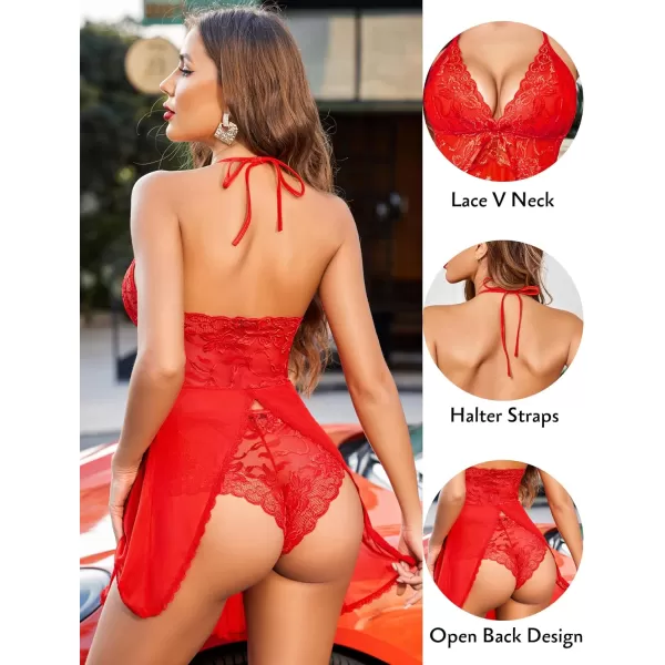 Avidlove Lingerie for Women Lace Babydoll Halter Chemise V Neck Nightgown Sexy Sleepwear NightdressRed