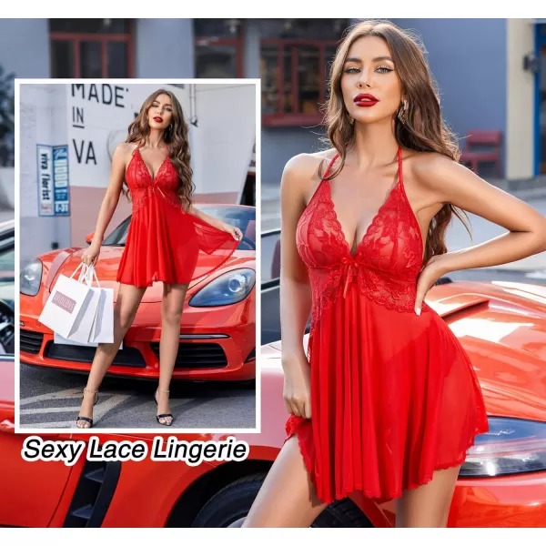 Avidlove Lingerie for Women Lace Babydoll Halter Chemise V Neck Nightgown Sexy Sleepwear NightdressRed