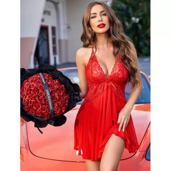 Avidlove Lingerie for Women Lace Babydoll Halter Chemise V Neck Nightgown Sexy Sleepwear NightdressRed