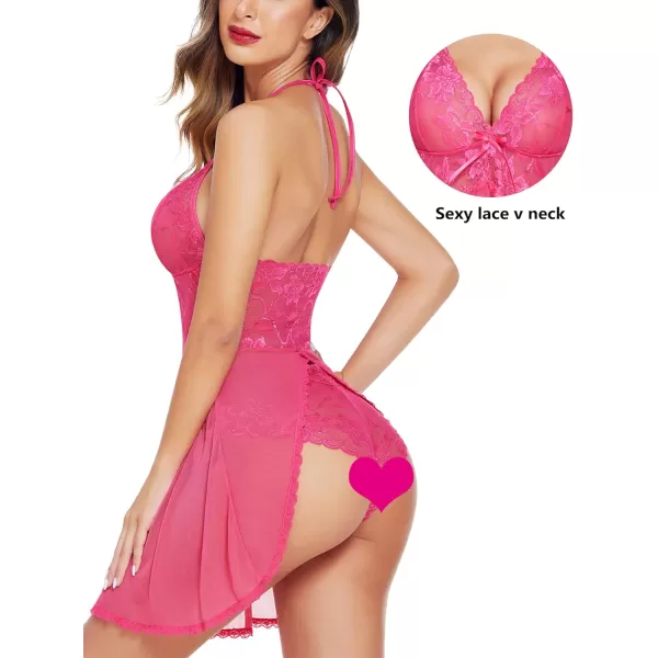 Avidlove Lingerie for Women Lace Babydoll Halter Chemise V Neck Nightgown Sexy Sleepwear NightdressRose Red
